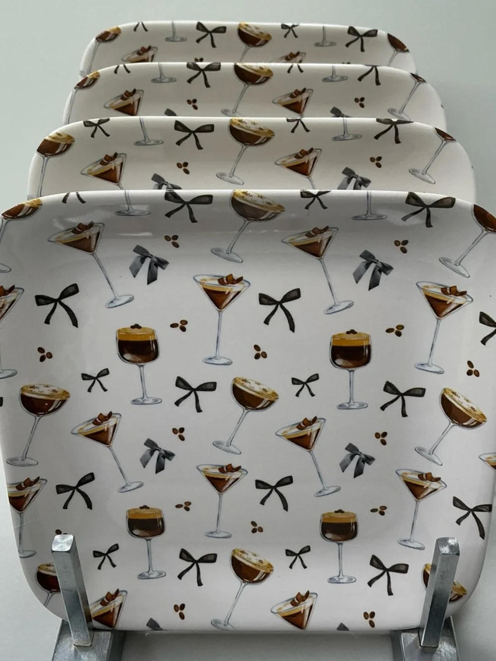 Rachel Zoe Appetizer Plates Melamine Chocolate Martini & Black Bow 6” NEW